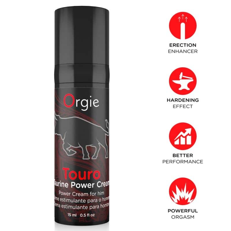 Envase negro de crema potenciadora Orgie Touro junto a cuatro iconos con efectos indicados en inglés