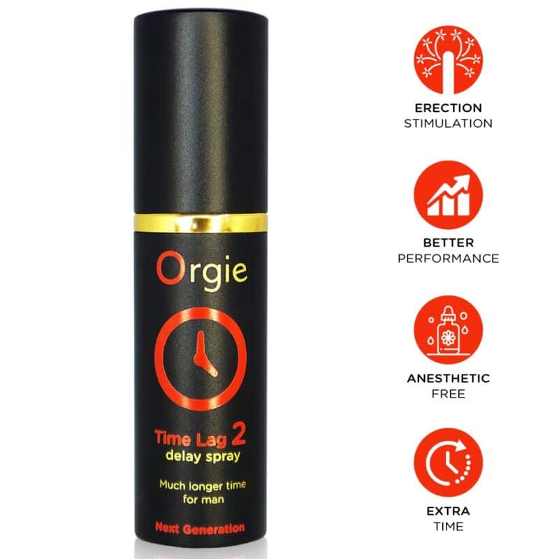 Spray retardante Orgie Time Lag 2 negro, junto a iconos de estimulación, rendimiento, sin anestésicos y tiempo extra