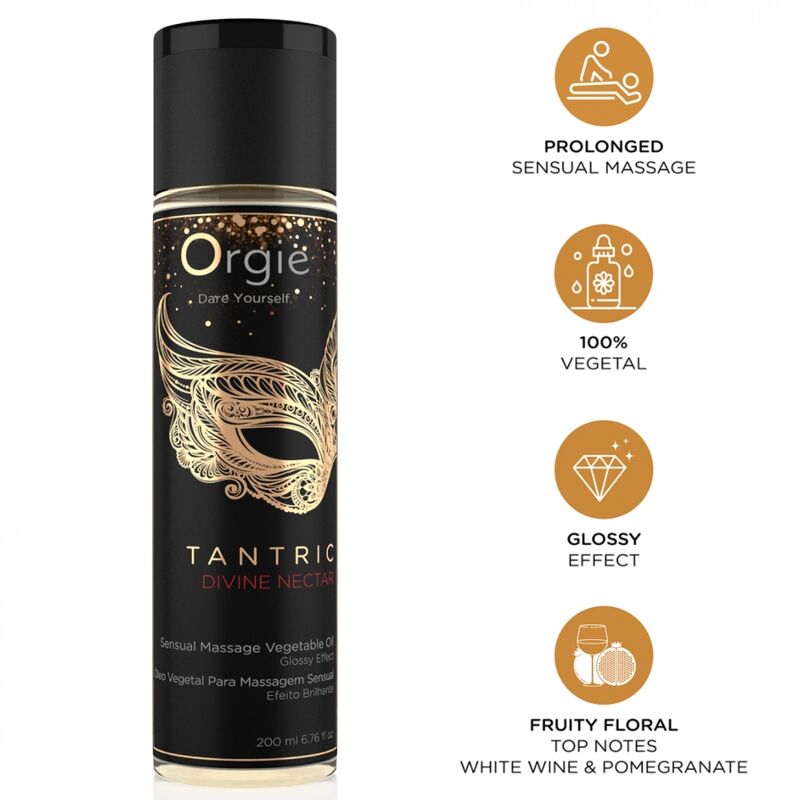 Botella negra y dorada de aceite de masaje Orgie Tantric Divine Nectar, junto a iconos de masaje, brillo y notas afrutadas