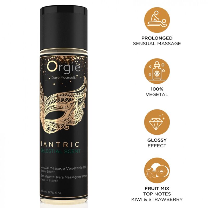 Aceite de masaje ORGIE Tantric Celestial Scent en frasco negro, con iconos de masaje, origen vegetal, brillo y notas frutales