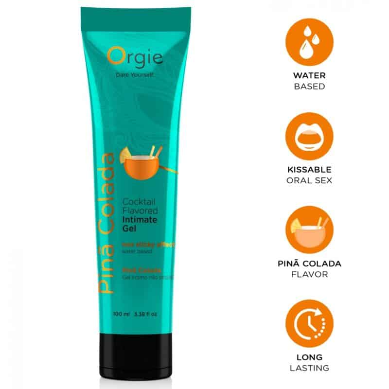 Tubo turquesa de gel íntimo Orgie Piña Colada junto a iconos de base acuosa, sexo oral, sabor y duración