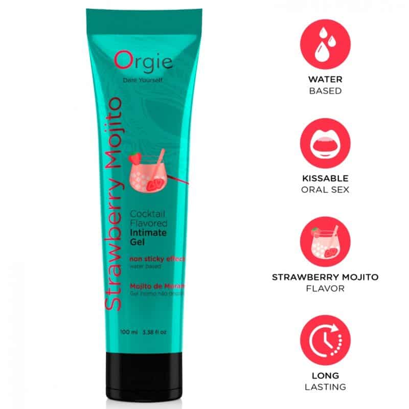 Tubo turquesa de gel íntimo Orgie Strawberry Mojito junto a iconos de base acuosa, uso oral, sabor y duración