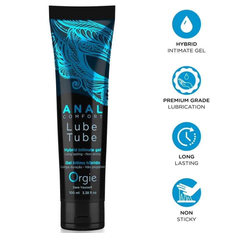 Tubo negro de Orgie Lube Tube Anal Comfort, con ilustraciones azules e iconos de gel híbrido, larga duración y no pegajoso