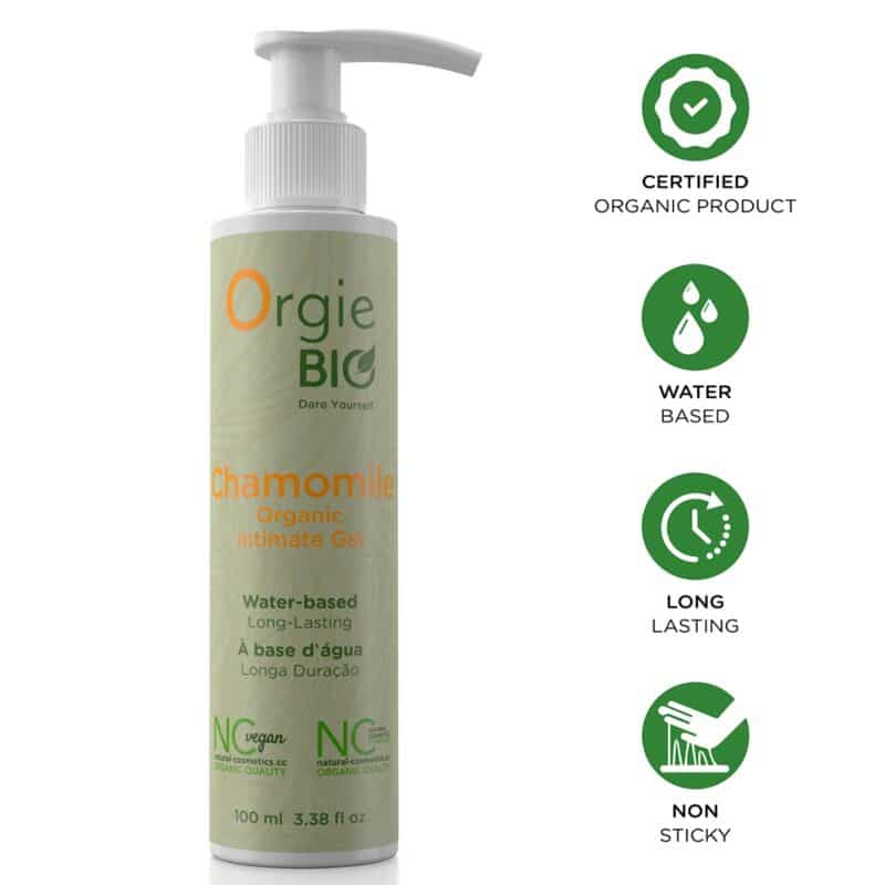 Envase con dosificador del gel íntimo Orgie BIO Chamomile y símbolos de base acuosa y larga duración