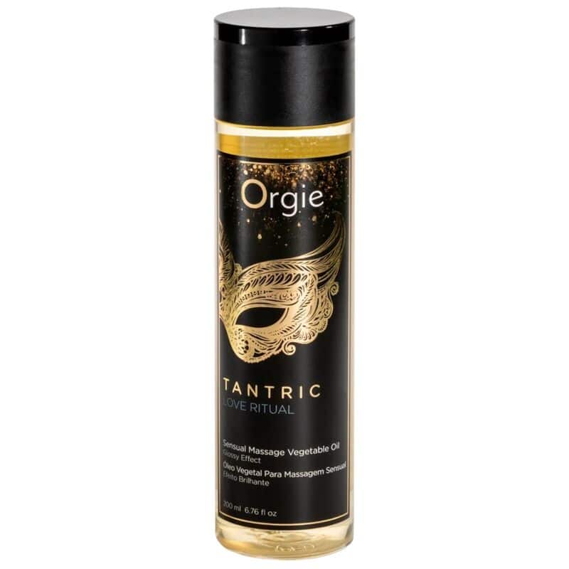 Envase negro y dorado del aceite vegetal de masaje ORGIE Tantric Love Ritual, de 200 ml