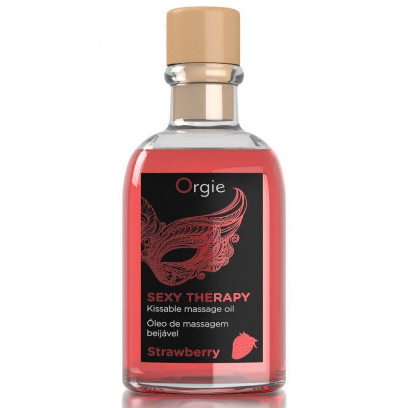 Botella de aceite de masaje besable Orgie Sexy Therapy con etiqueta Strawberry y líquido rosado