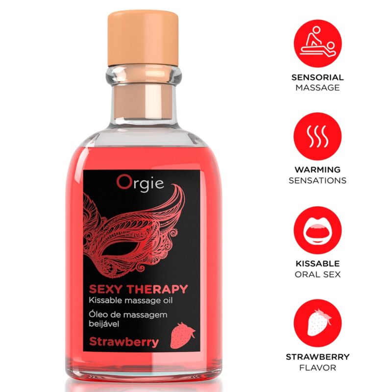 Botella de aceite de masaje Orgie Sexy Therapy Strawberry con iconos de masaje, calor y uso besable