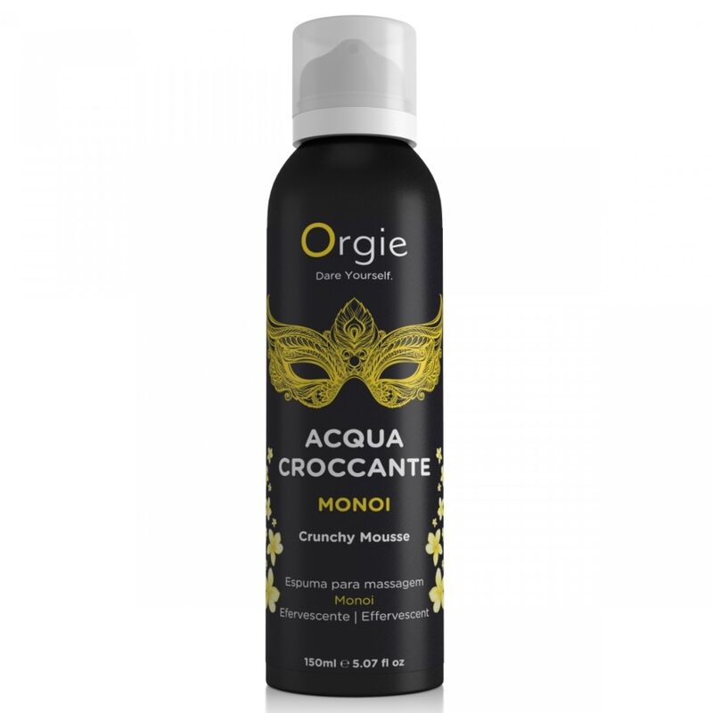Envase negro de mousse de masaje Orgie Acqua Croccante Monoi con diseño de antifaz dorado