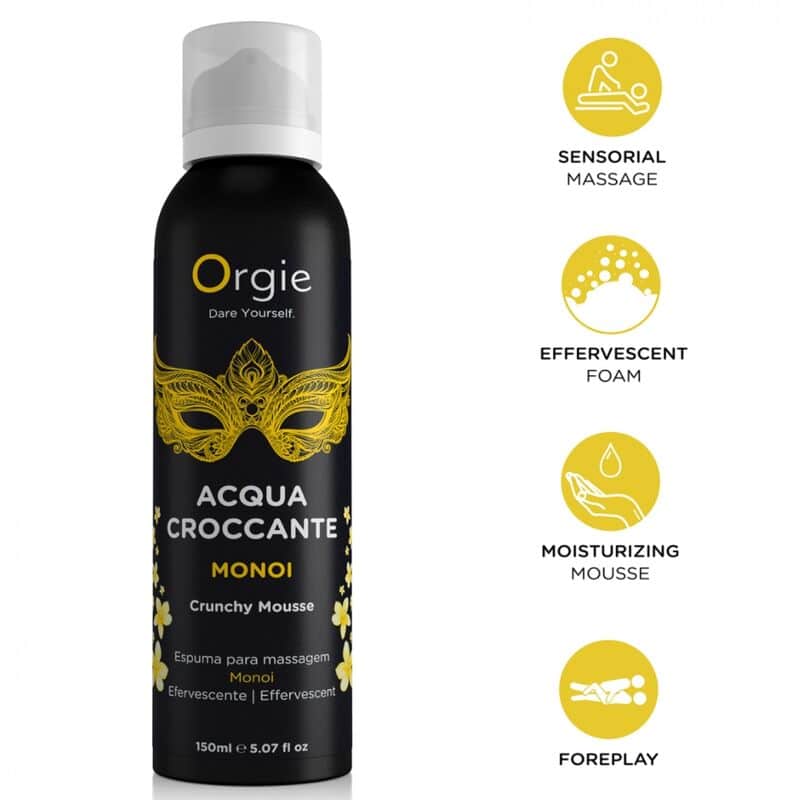 Envase negro de espuma de masaje Orgie Acqua Croccante Monoi, con máscara dorada e iconos de uso