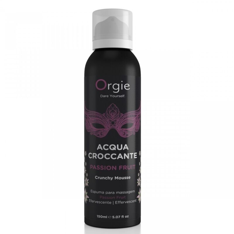 Envase negro de espuma de masaje Orgie Acqua Croccante Passion Fruit, con tapa transparente