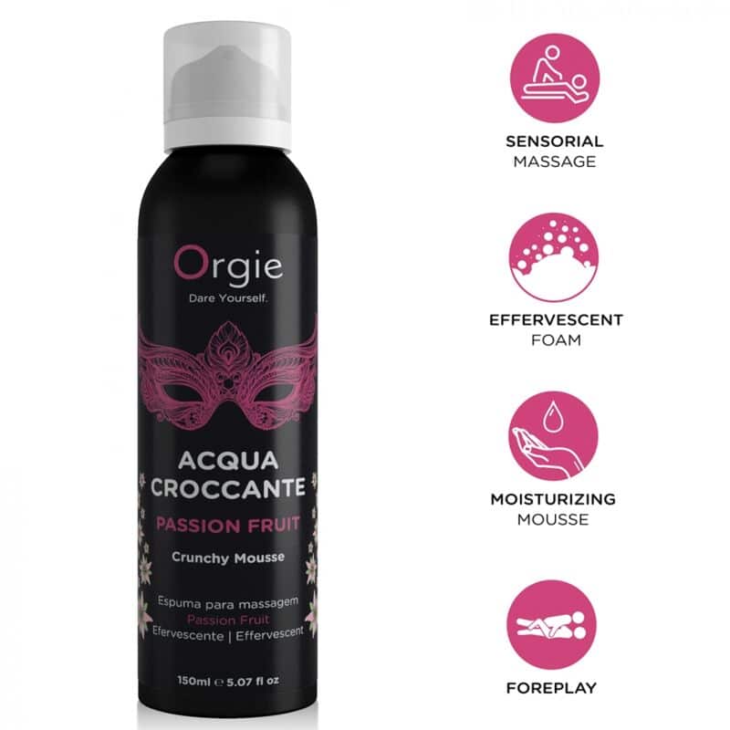 Envase negro de Orgie Acqua Croccante Passion Fruit junto a iconos de masaje sensorial, espuma y cuidado hidratante