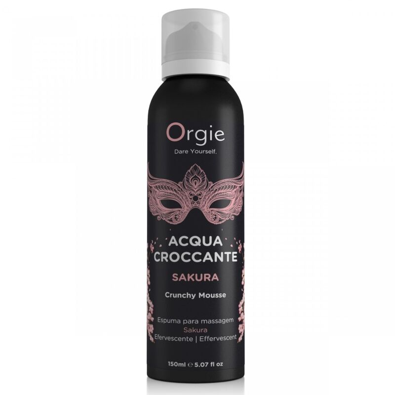 Envase negro de espuma de masaje Orgie Acqua Croccante Sakura con tapa blanca y diseño de antifaz
