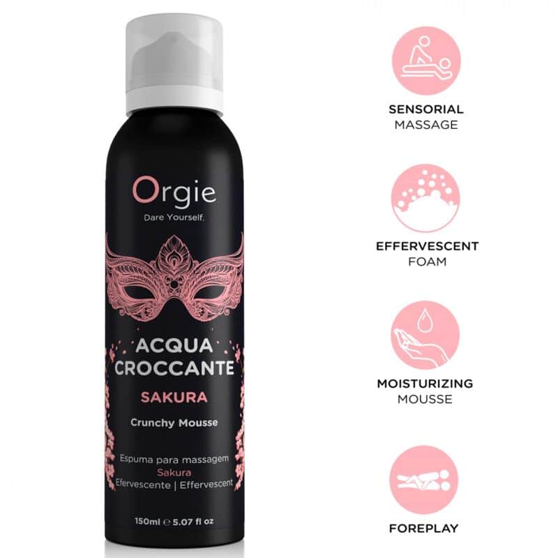 Envase negro de Orgie Acqua Croccante Sakura junto a iconos de masaje sensorial, espuma, hidratación y preliminares