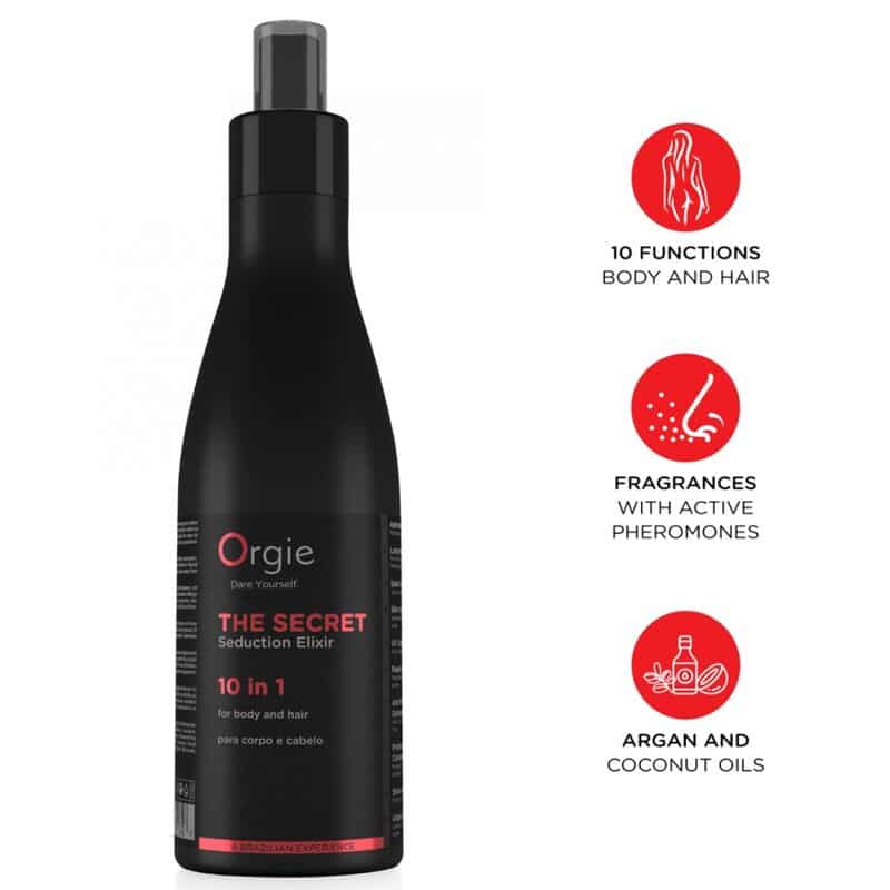 Loción Orgie The Secret Seduction Elixir 10 en 1 en botella negra, con iconos de funciones para cuerpo y cabello