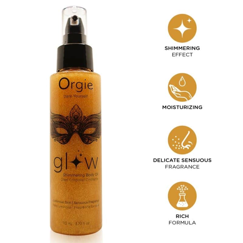 Botella dorada de aceite corporal iluminador Orgie Glow junto a iconos de sus efectos