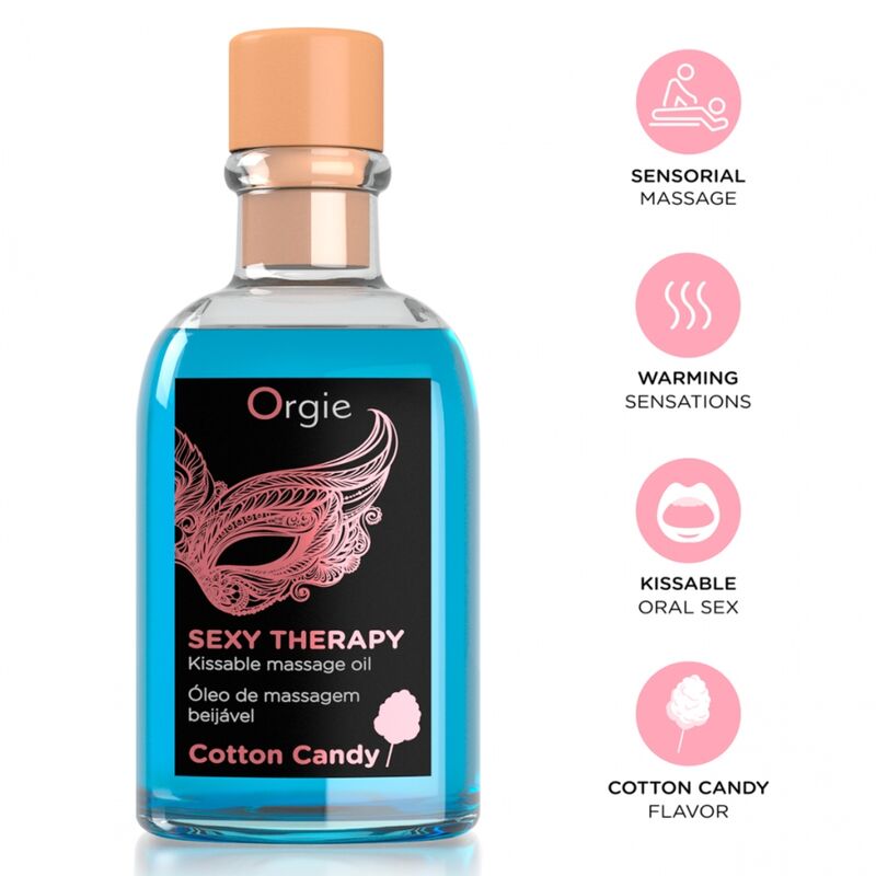 Botella azul de aceite de masaje besable Orgie Sexy Therapy Cotton Candy junto a iconos de sus características