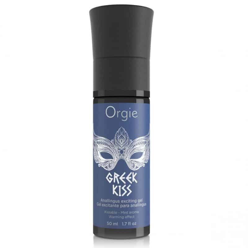Envase azul de gel estimulante Orgie Greek Kiss, con tapa negra e ilustración de una máscara