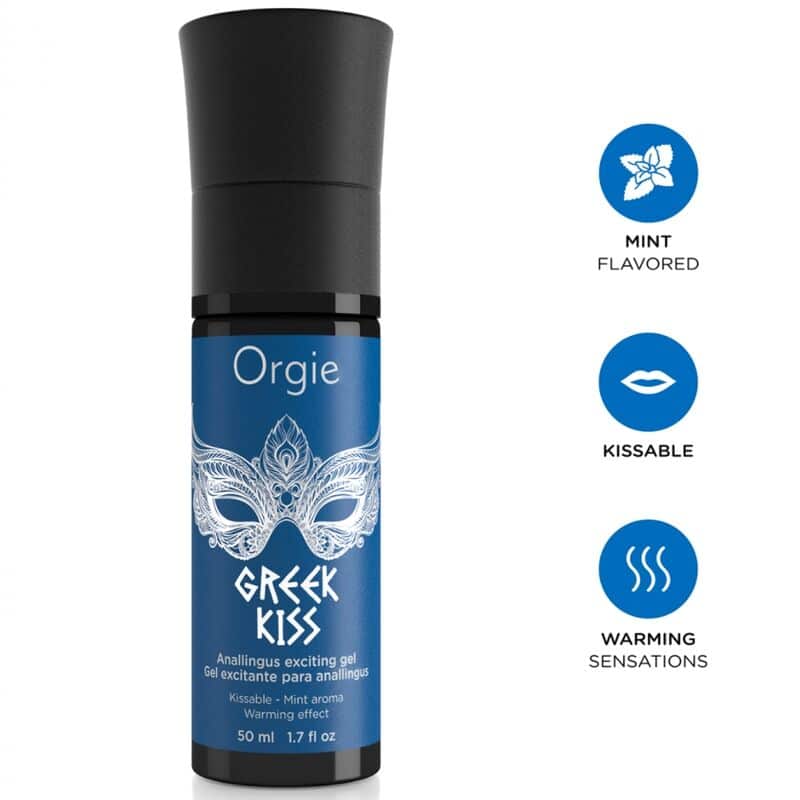 Envase azul y negro de gel Orgie Greek Kiss, con máscara blanca y símbolos de sabor a menta, beso y calor