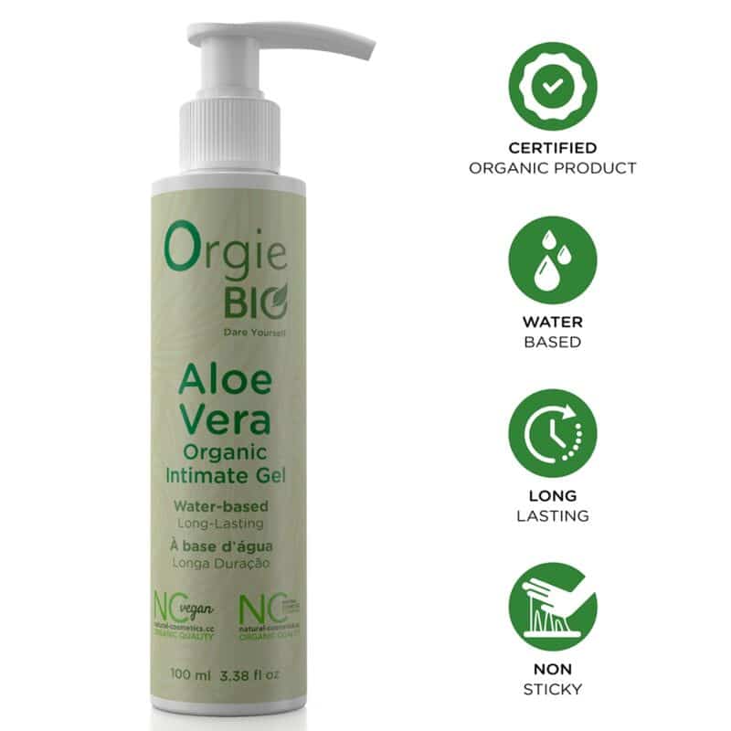 Envase con dosificador de gel íntimo Orgie Bio Aloe Vera y cuatro iconos verdes con sus características