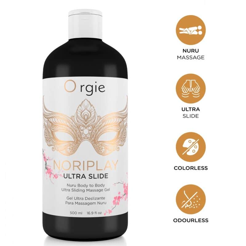 Botella negra de gel Orgie Noriplay Ultra Slide para masaje Nuru, con cuatro iconos de características