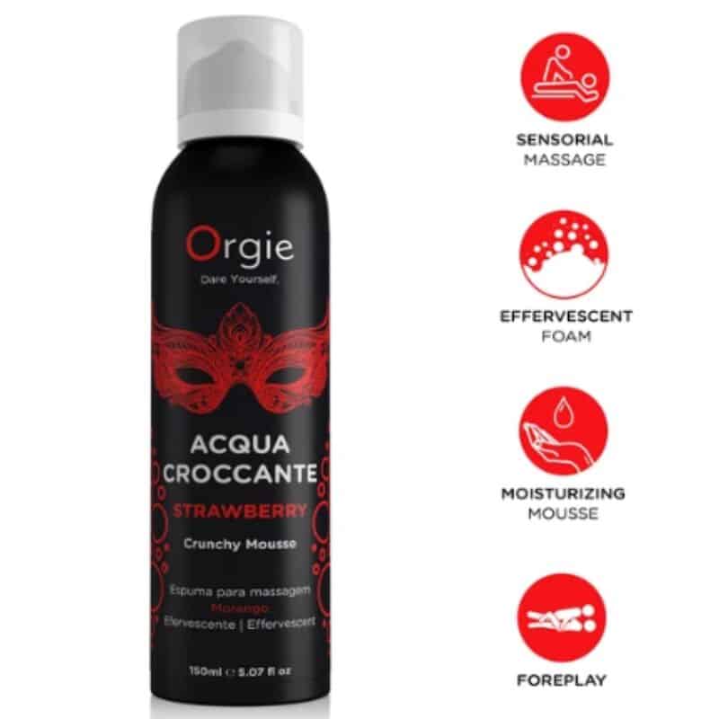 Envase negro de mousse de masaje Orgie Acqua Croccante Strawberry junto a cuatro iconos rojos de uso y textura