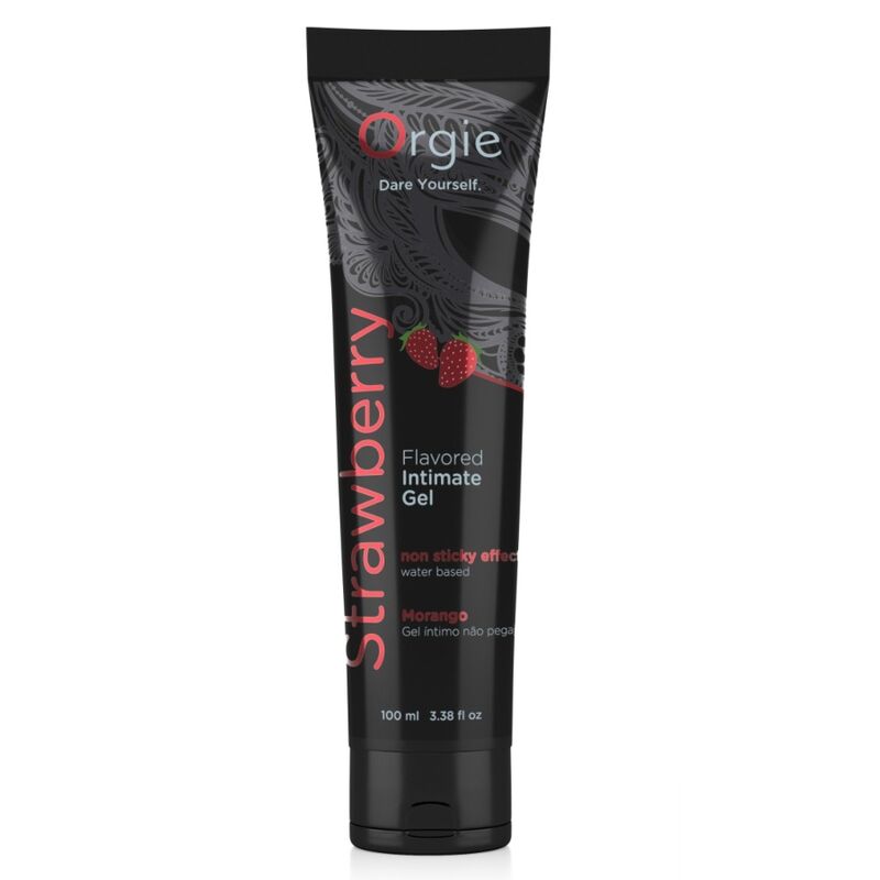 Tubo negro de gel íntimo Orgie con sabor a fresa, decorado con dos fresas rojas