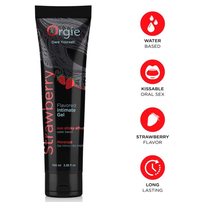 Gel íntimo Orgie Strawberry en tubo negro, con iconos de base acuosa, uso oral, sabor a fresa y larga duración