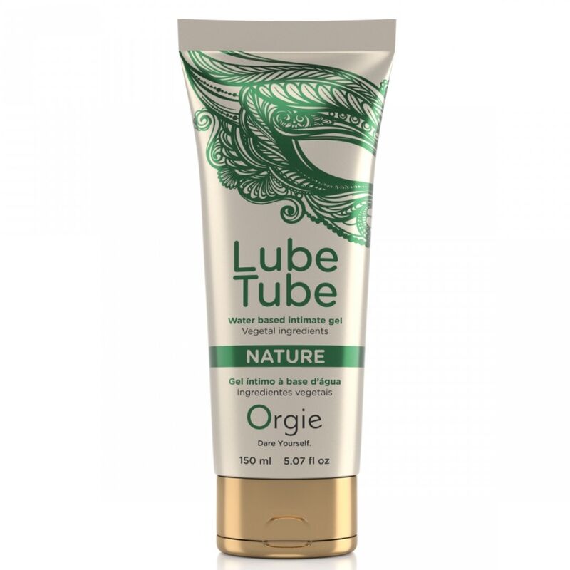 Tubo de gel íntimo Orgie Lube Tube Nature de 150 ml, con diseño verde y tapón dorado