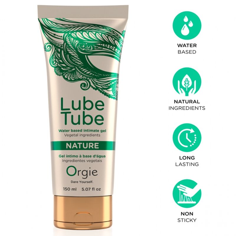 Tubo de gel íntimo Orgie Lube Tube Nature con iconos de base acuosa, ingredientes naturales, larga duración y tacto no