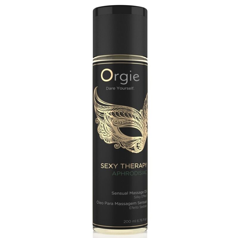 Botella negra de aceite de masaje Orgie Sexy Therapy Aphrodisiac, con diseño dorado de antifaz
