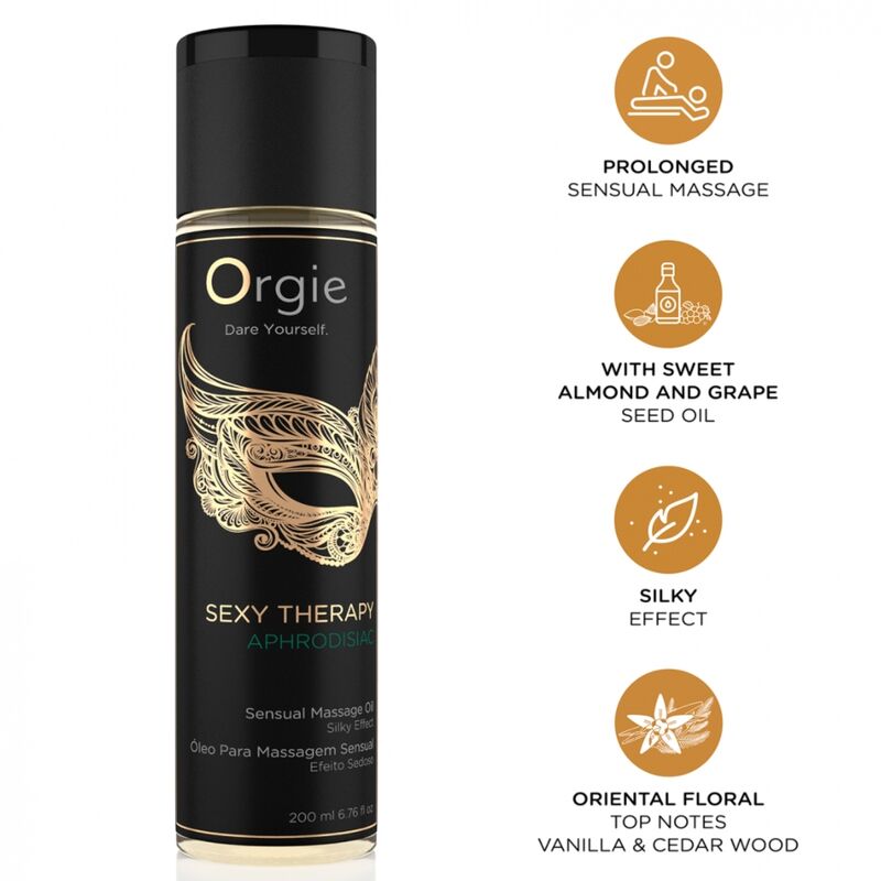 Envase negro del aceite de masaje Orgie Sexy Therapy Aphrodisiac junto a iconos de sus características