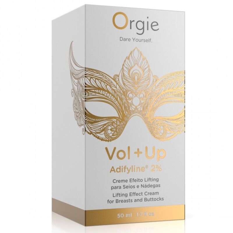 Caja de crema Orgie Vol+Up para senos y glúteos, con diseño de máscara dorada