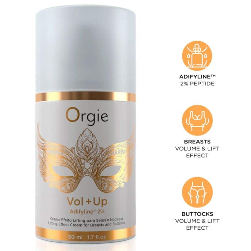 Envase de crema Orgie Vol+Up de 50 ml, blanco y dorado, junto a iconos de efecto lifting para senos y glúteos