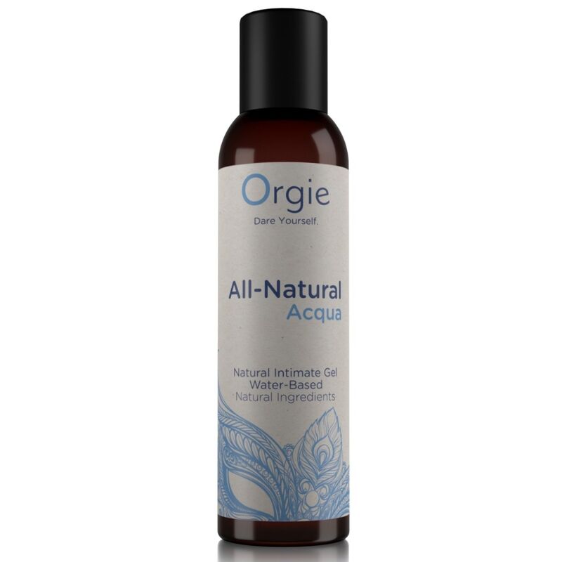 Envase de gel íntimo Orgie All-Natural Acqua con tapón negro y diseño azul de plumas