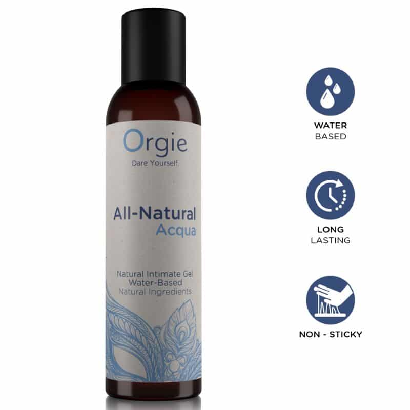 Envase de Orgie All-Natural Acqua, gel íntimo de base acuosa, junto a iconos de base agua, larga duración y no pegajoso