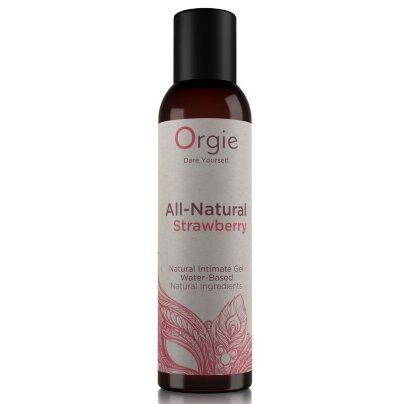 Envase de Orgie All-Natural Strawberry, gel íntimo con etiqueta blanca y decoración floral rosa