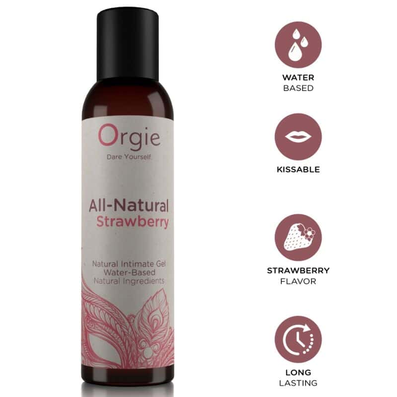 Gel íntimo Orgie All-Natural Strawberry en envase, con iconos de base acuosa, besable, sabor fresa y larga duración