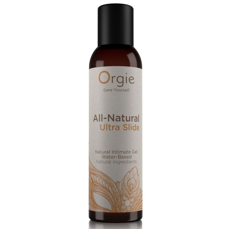 Envase de gel íntimo Orgie All-Natural Ultra Slide con tapón negro y etiqueta beige