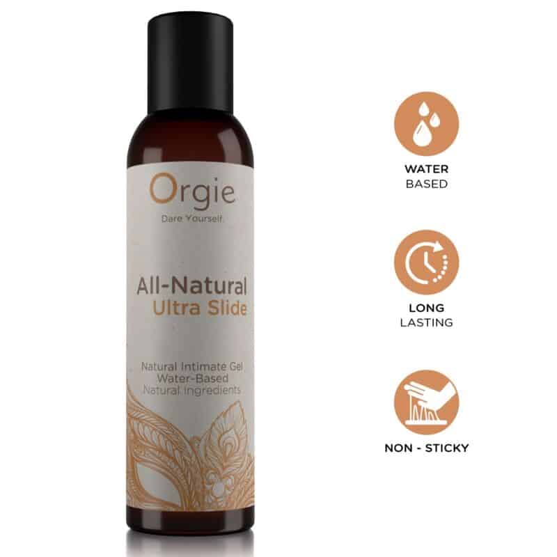 Envase de gel íntimo Orgie All-Natural Ultra Slide junto a iconos que indican base acuosa, larga duración y tacto no pegajoso