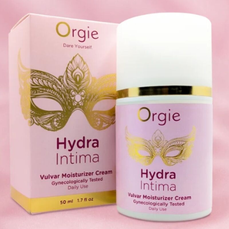 Crema hidratante vulvar Orgie Hydra Intima en su envase y caja rosa, con diseño de antifaz dorado