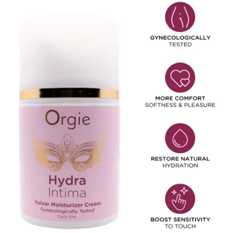 Envase rosa de crema hidratante vulvar Orgie Hydra Intima junto a cuatro iconos informativos