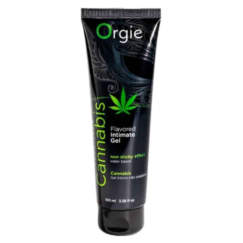 Tubo negro de gel íntimo Orgie Cannabis, con detalles verdes y envase de 100 ml