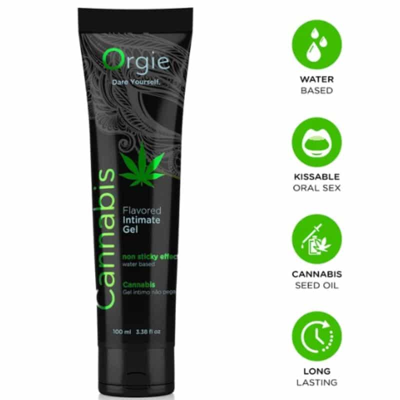 Tubo negro de gel íntimo Orgie Cannabis junto a iconos de base acuosa, uso oral, aceite de semilla de cannabis y larga