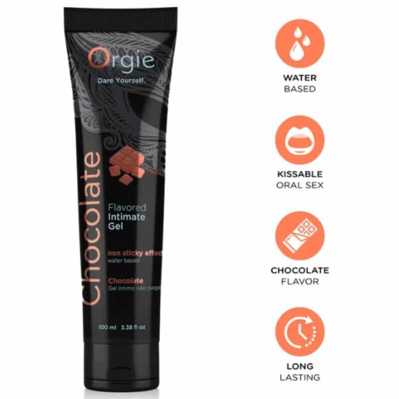 Tubo negro de gel íntimo Orgie con sabor a chocolate, junto a iconos de base acuosa y uso oral