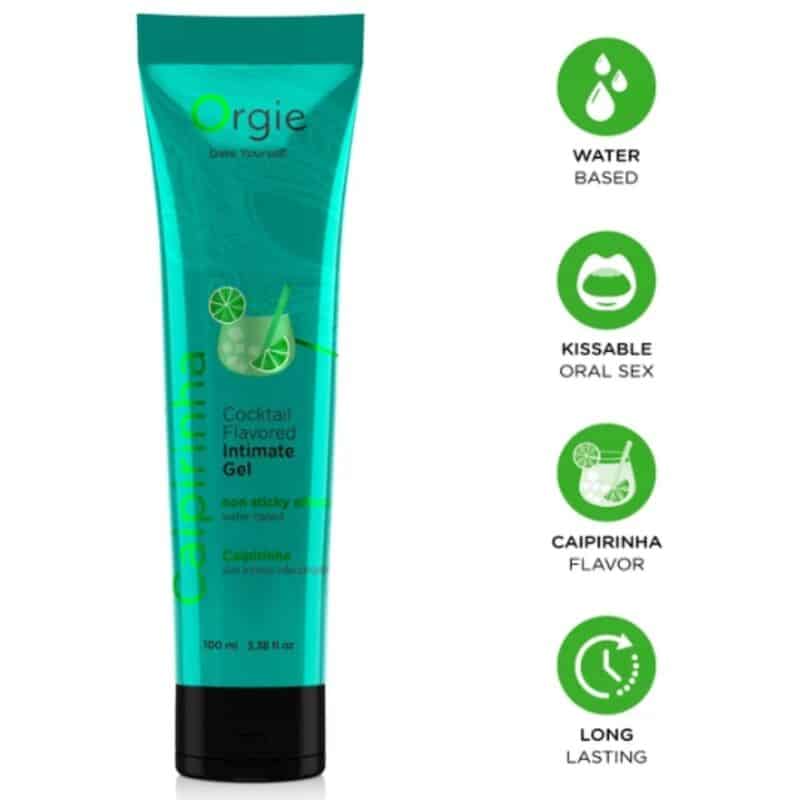 Tubo turquesa de gel íntimo Orgie Caipirinha con iconos de base acuosa, uso oral y larga duración