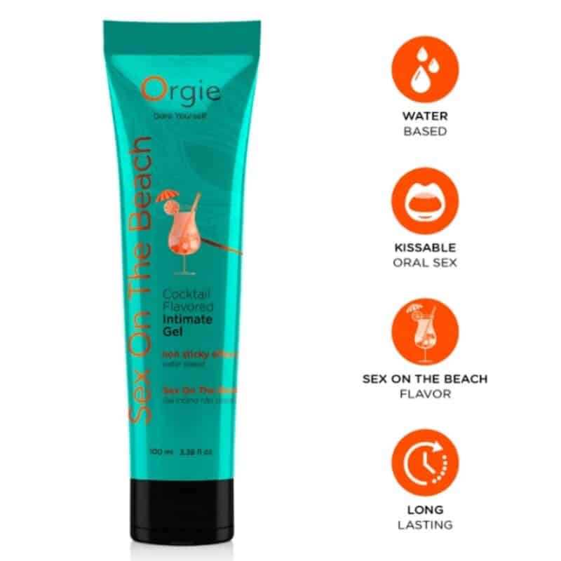 Tubo turquesa de gel íntimo Orgie Sex On The Beach junto a iconos de base acuosa, sexo oral y larga duración