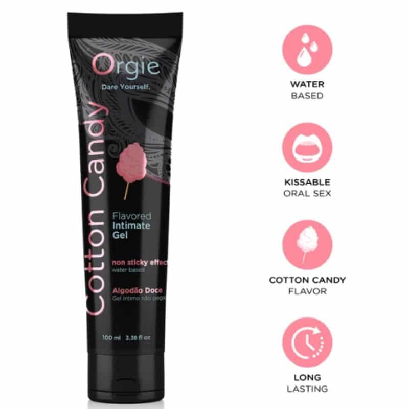 Envase negro del gel íntimo Orgie Cotton Candy con iconos de base acuosa, uso oral, sabor algodón de azúcar y larga duración