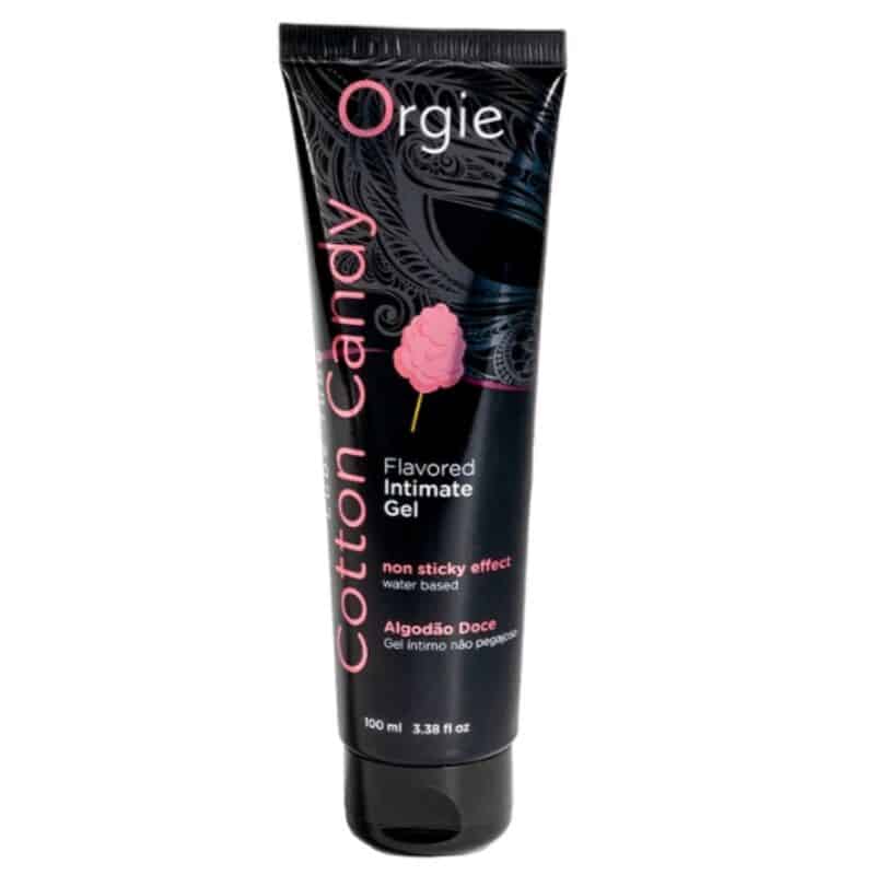 Tubo negro de gel íntimo Orgie Cotton Candy, con ilustración rosa y tapón negro