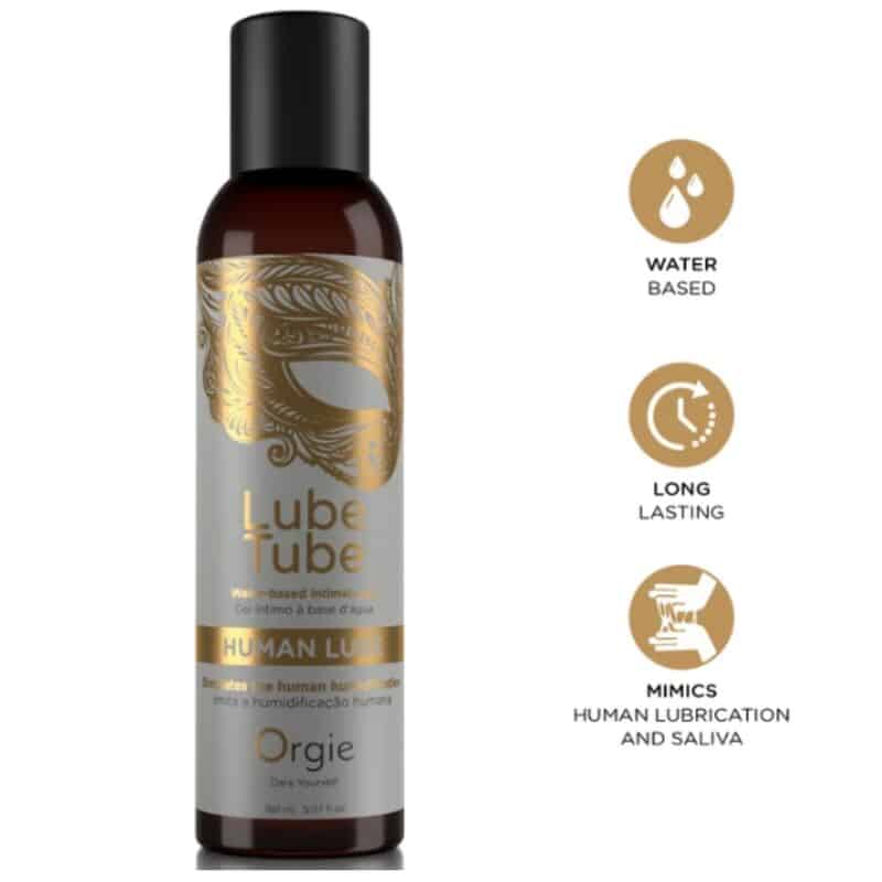 Botella de Orgie Lube Tube Human Lube con tapón negro e iconos de base acuosa, larga duración y lubricación
