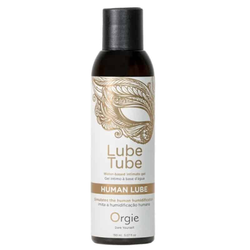 Envase de Orgie Lube Tube Human Lube, gel íntimo de base acuosa con diseño de antifaz dorado